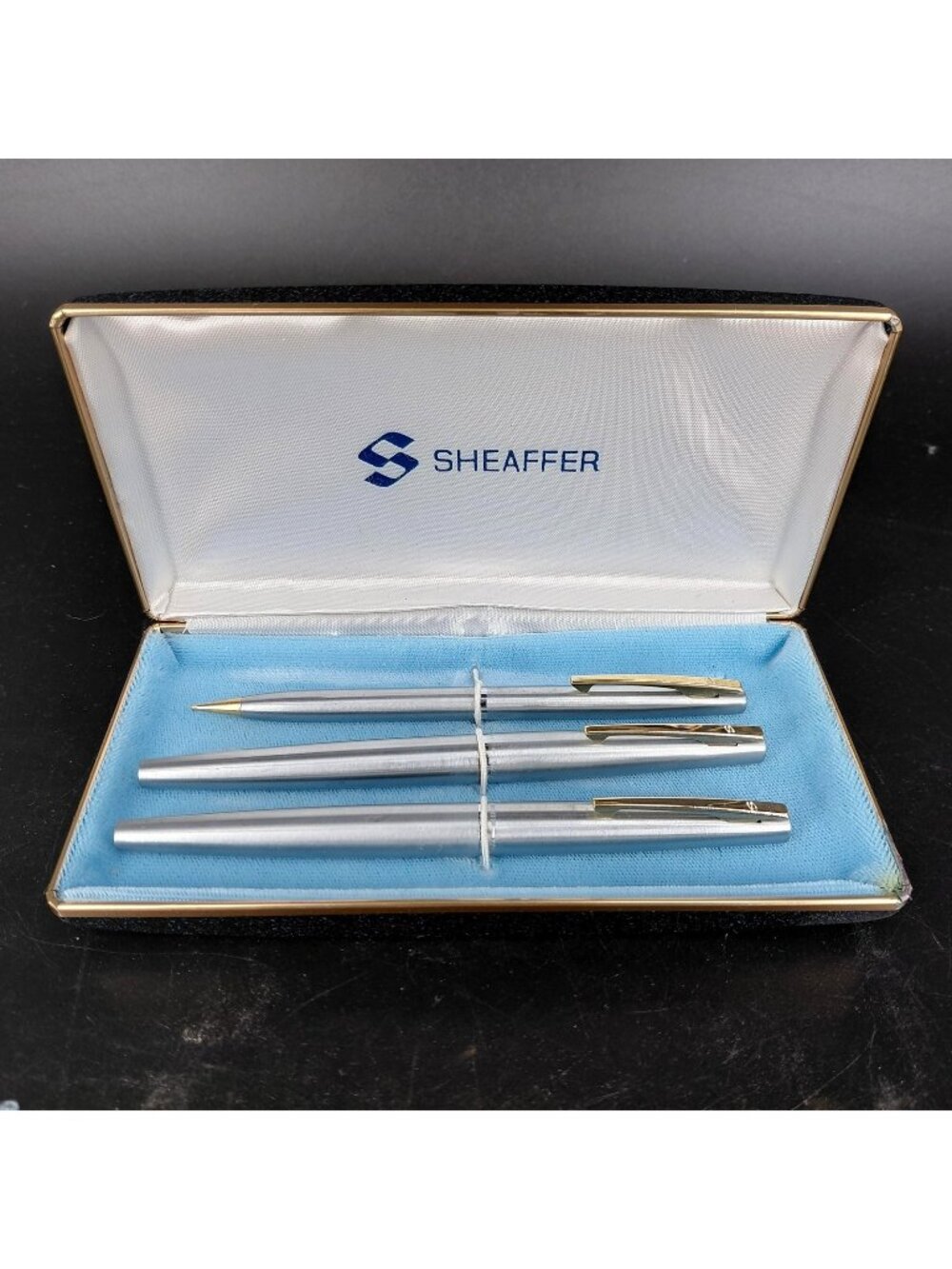 Vintage Sheaffer Steel Silver Pen Pencil Set 3 Fountain Felt Tip USA Case Box
